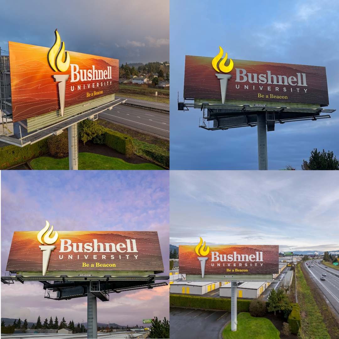 Quadrant of photos of billboard advertising Bushnell University with illuminated torch