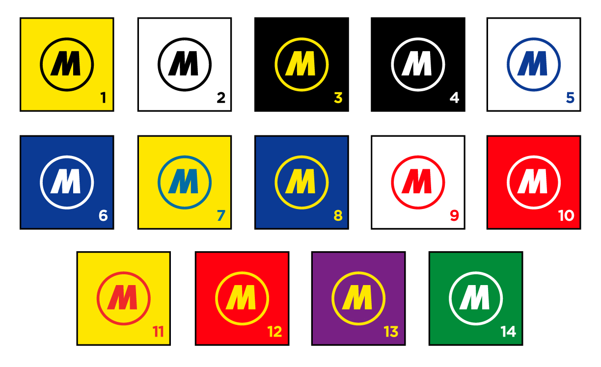 14 squares demonstrating color contrast between common colors using Meadow Outdoor Advertising logo