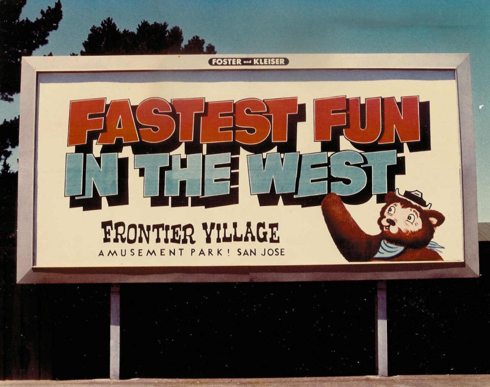 Older, grainy photo of San Jose Frontier Village Billboard that says 