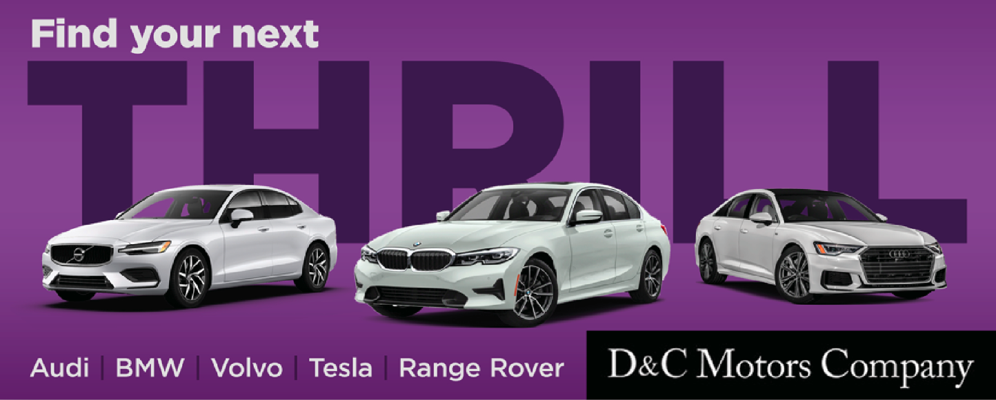 Billboard Artwork for D&C Motors Company featuring white cars with purple background
