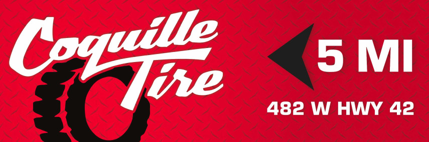 Bright Red Coquille Tire billboard advertisement by Meadow outdoor Advertising