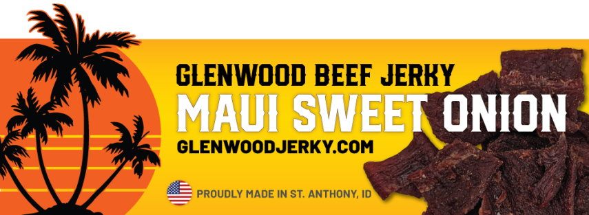 Orange and yellow billboard ad with palm trees for Glenwood Beef Jerky